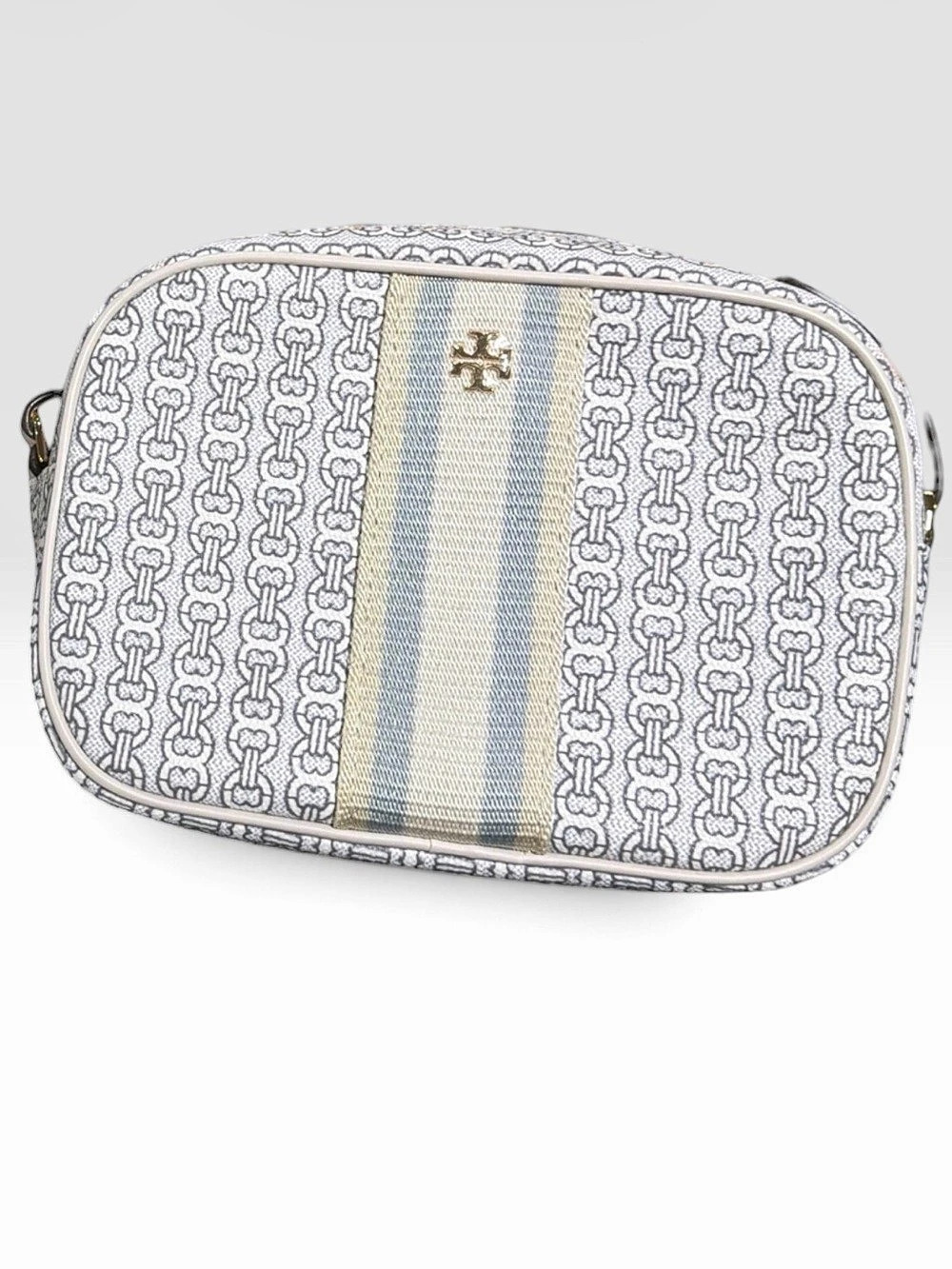 NWOT! Tory Burch Gemini Link Camera Bag Logo Print Cosmetic Bag in White & Blue